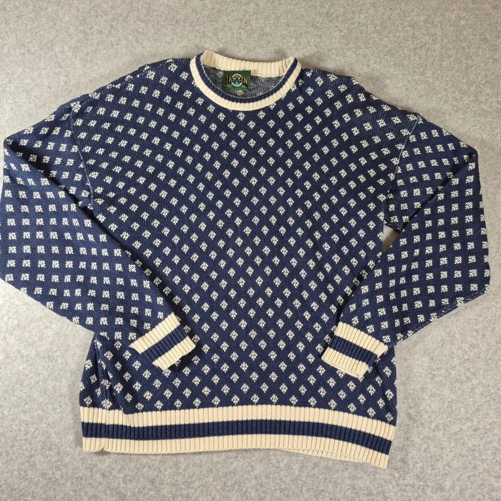 Vintage Jantzen Sweater Mens XL Blue Geometric Diamond Knit Crewneck Made in USA